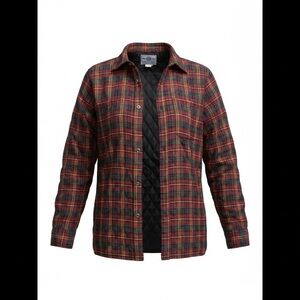 Plaid Quilted Flannel Jacket Shacket Red Black Lined Button Shirt